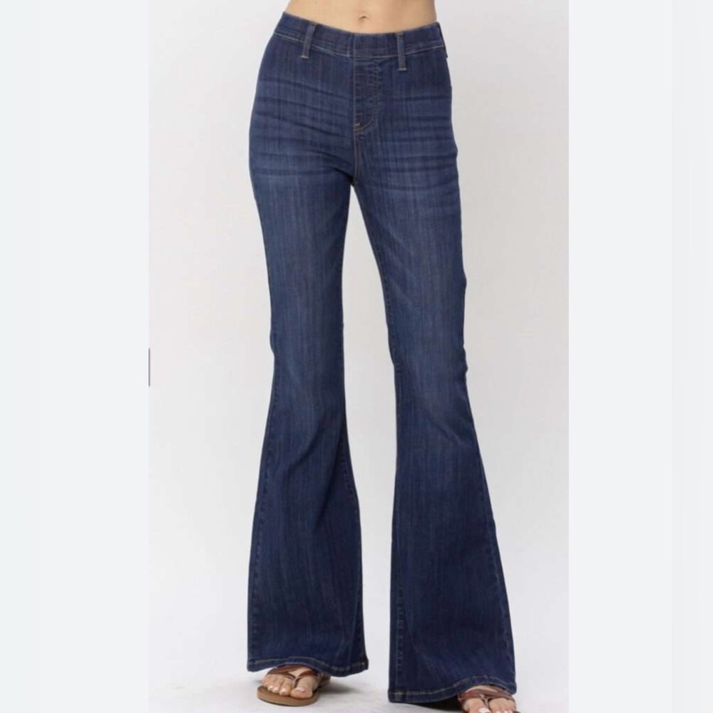 Judy Blue Dark Indigo Pull on Flare High Rise Denim Jeans Boho Stretch Size 27